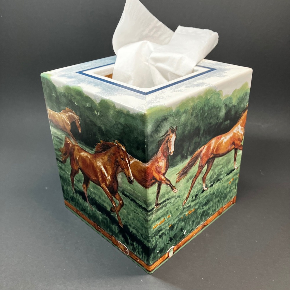 Connie's Creations Wood Tissue Box Cover Equestrian Running Horses Green - Picture 1 of 11